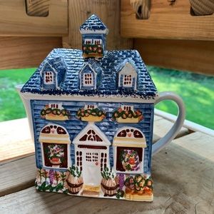 Vintage Blue Cottage House Collectible Teapot